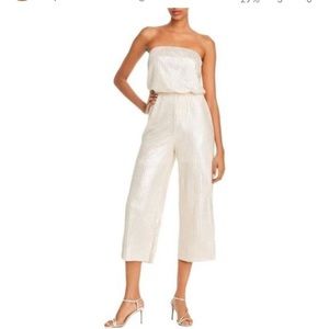 Bridal Sparkle Aqua Metallic Strapless Evening Jumpsuit Ivory Gold